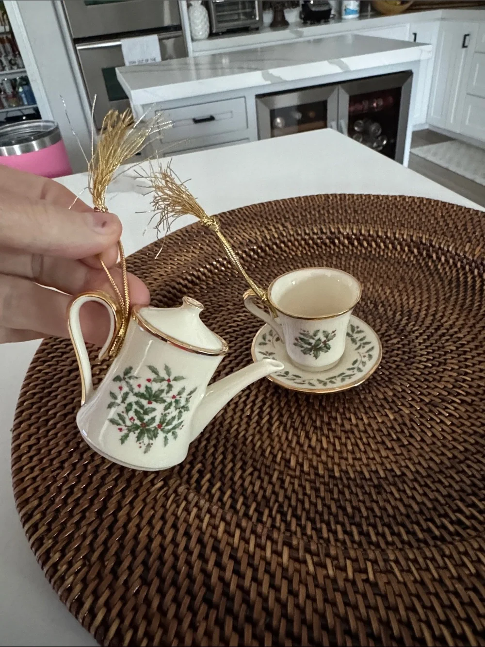 Lenox Lot Of 2 Ornaments Holly & Berries Teapot & Holiday Cup & Saucer